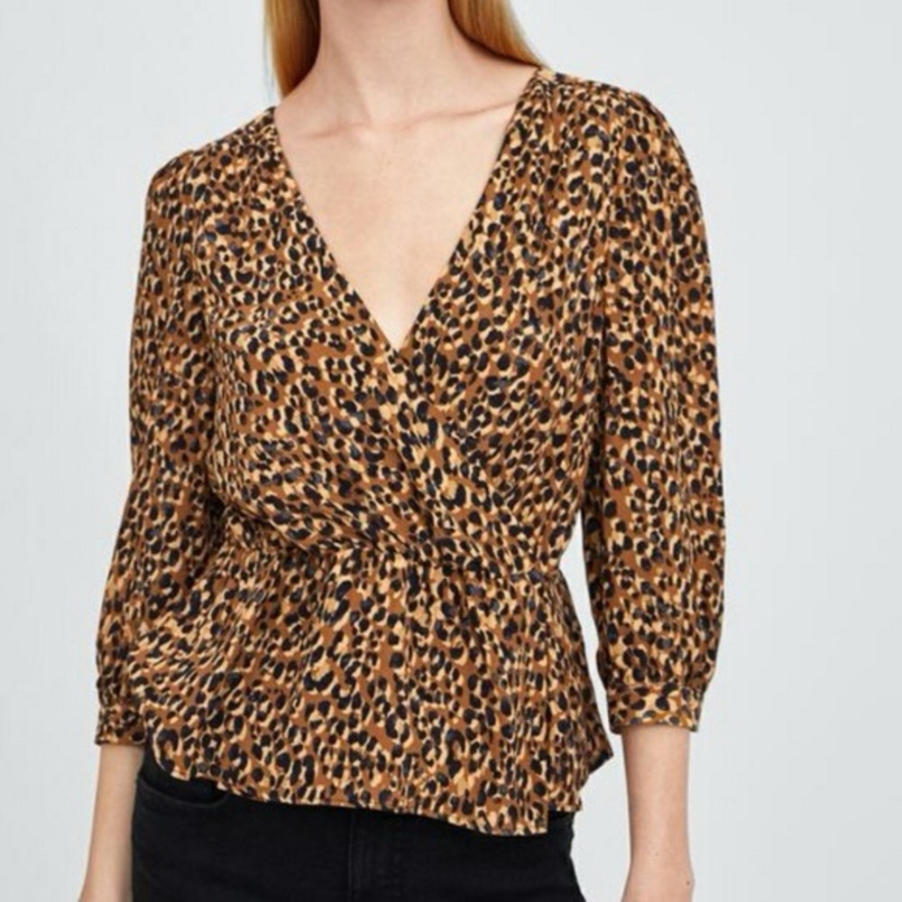 4/$20 - ZARA Leopard Animal Print Faux Wrap Crossover Top Blouse Shirt (size XL)